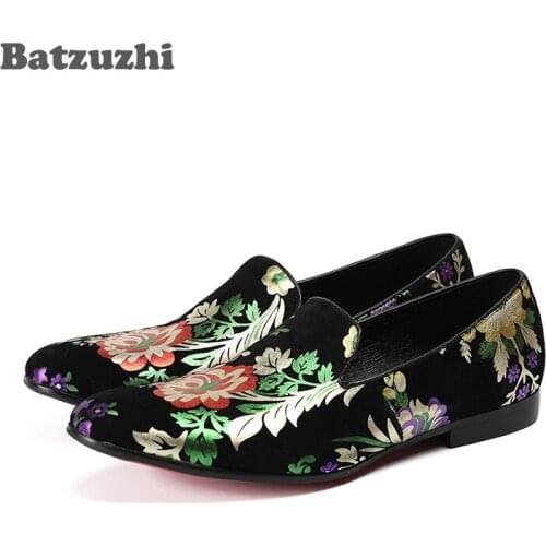 Batzuzhi Men Loafers Leather Pointed Toe Business Dress Shoes Black Suede with Flowers Flats Shoes For Men Wedding and Party