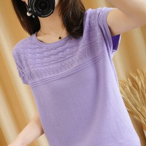 Ladies short-sleeved 100% cotton O-neck T-shirt solid color knitting Ladies short-sleeved loose plus size womens clothing