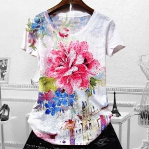 Plus size 4XL！summer new fashion hot drilling printed t-shirt women silk short-sleeved top tees
