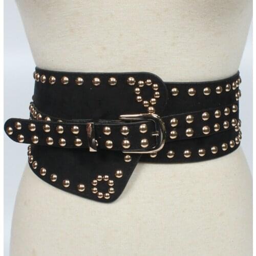 Women Four Seasons Wide Belt Rivet Waist Binding European American Fashion Retro Elastic Decoration Windbreaker Overcoat Sweater