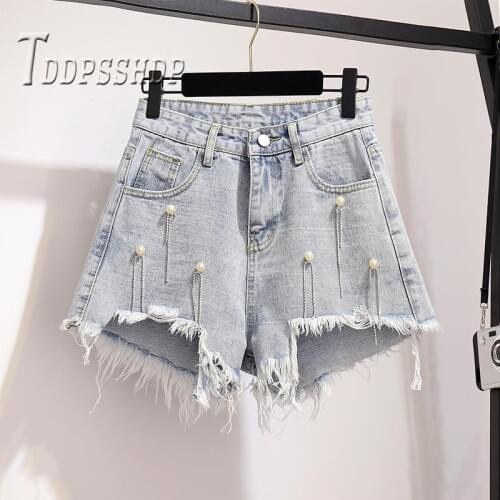 High Waist Pearl Decor Women Jeans Shorts Ins Popular Slim Casual Female Shorts