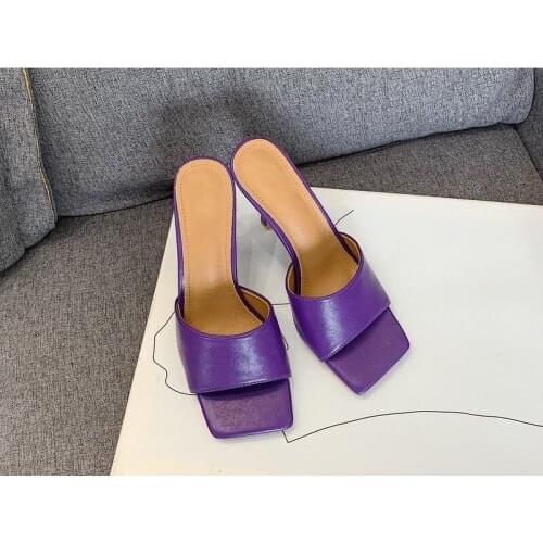 New 2020 Summer Women Slipper Square Toe Thin High Heel Ladies Sandal Mules High Quality Elegant Dress Shoes Slides