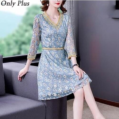 Only Puls Blue V-neck Daisy Print Lace Dress Womens Autumn2021 New Mid-length A-line Skirt Belt Bohemian Soft Slim Wrist Sleeve
