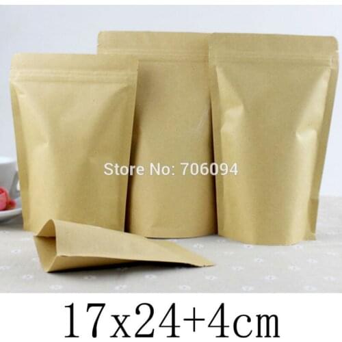 17*24+4cm,100pcs/lot,Kraft Paper + Aluminum Foil Bag for gift tea coffee Blank Brown standup kraft paper bag Freeshipping