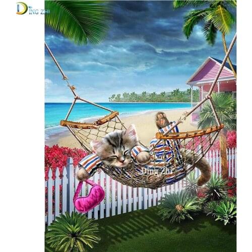 5D DIY Diamond Painting Hammock By The Sea Cat Rhinestone Picture Embroidery Animal Cross Stitch House Wall Art Decor Gifts