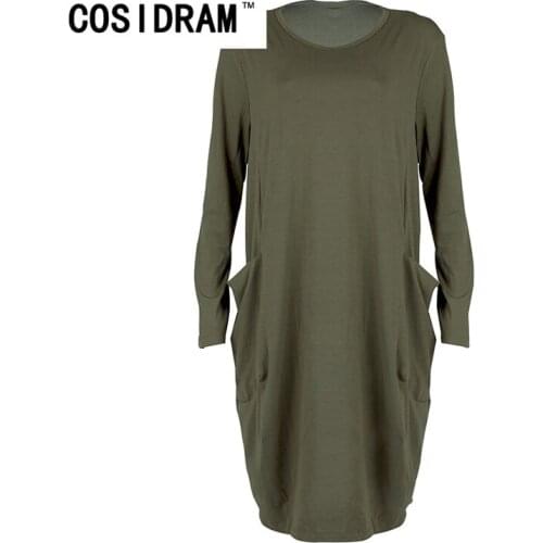 COSIDRAM Women Casual Loose Dresses with Pocket Ladies Fashion O Neck Long Tops Female T Shirt Dress Streetwear Plus Size