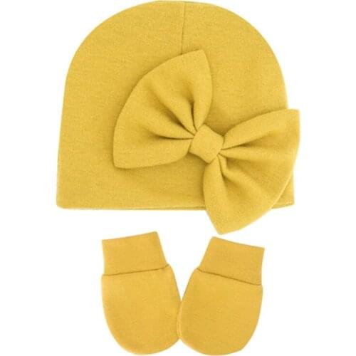 D7WF Newborn Beanie Hat Gloves Set Baby Bow Mittens Kit Infants Autumn Winter Warm Cotton Head Wrap Glove Shower Gifts