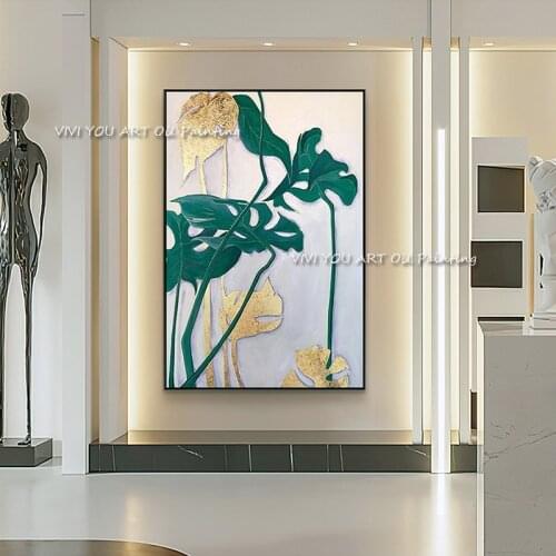 Green gold leaf plants abstract nordic handmade canvas oil painting wall art modern picture living room entrance decoration