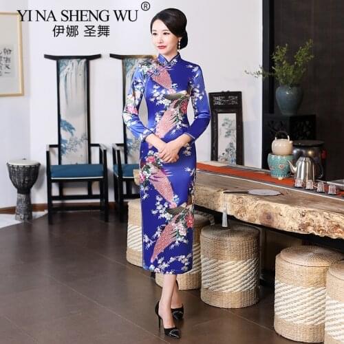 Chinese Cheongsam Peacock Pattern Long Dress Cheongsam New China Satin Retro Silm qipao Chinese Wedding Banquet Dress LongSleeve