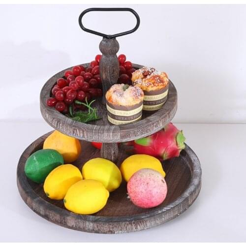 Round Double Layer Wooden Cake Stand Holder with Metal Handle Dessert Table Tray Cupcake Display Rack Birthday Wedding