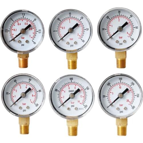 40mm Face Pressure Gauge 1/8" BSPT Bottom Mount 15,30,60.100,160 200, 300 PSI & Bar for Air Gas Water Fuel Liquid
