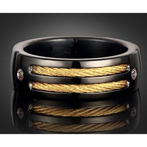 Punk Style Ring Men Titanium Black Rock Ring With Gold Wire Cubic Zirconia Cool Wire Rings For Men Party Jewelry