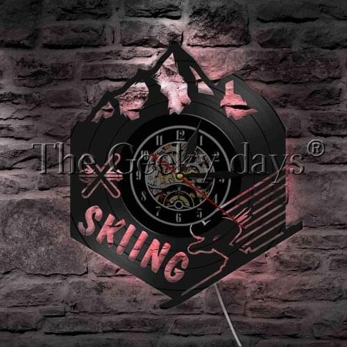 Snowboarding Winter Extreme Sport Vinyl Record Wall Clock Mountain Skiing Home Decor Wall Watch LED Hanging Lamp