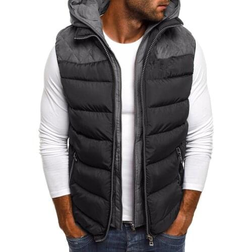 Autumn Winter Vest Men Color Block Zipper Sleeveless Hooded Cotton Jacket Vest Coat Keep Warm Padded Vests Coat
