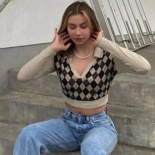 Foridol Argyle Knitted Elastic Cropped Pullovers Femme Turn Down Collar Streetwear V Neck Short Sweater Jumper Slim Tops Autumn