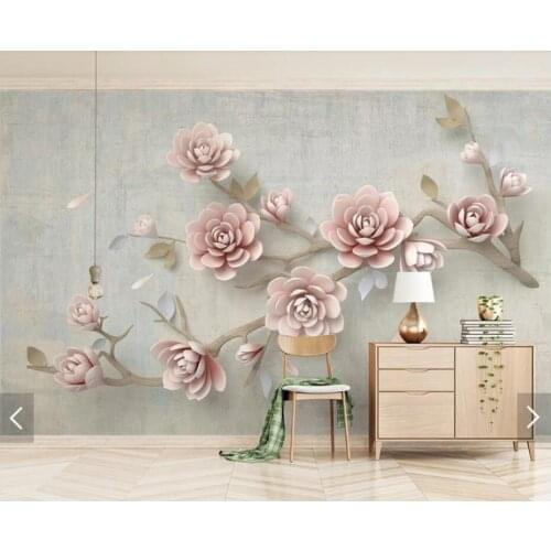 Embossed Pink Flower Branch Wallpaper Mural for Living Room Wall Paper Papel De Parede Home Decor Wallcoverings Custom