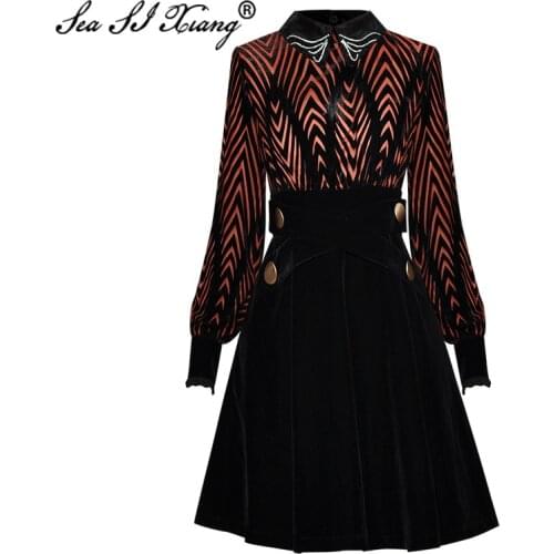 Seasixiang Fashion Designer Autumn Velvet Dress Womens Lantern Sleeve Diamonds Turn-Bown Collar Striped Dresses