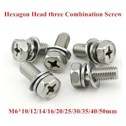 M6 Hexagon Socket Head Screw 304 stainless steel External hex head three combination screws bolt with Flat/Spring washer