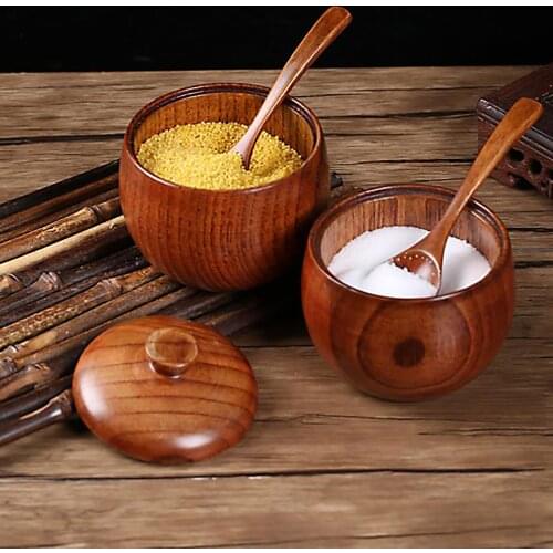 Japanese Style Solid Wood Spice Jar Sugar Bowl Salt Pepper Seasoning Box With Spoon And Lid Kitchen Tool Drop Ship