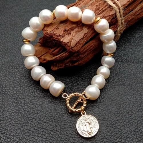 YYGEM 10MM Natural White Rondelle Freshwater Pearl Gold Charm strand Bracelet 8" Toggle Clasp classic wedding for women