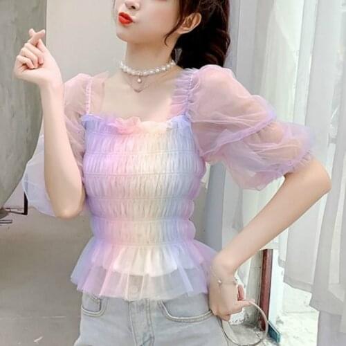 Rainbow Blouse Women Puff Sleeve Square Collar Lace Up Top Office Lady Summer Japan Style Kawaii Korean Chiffon Blouse Women