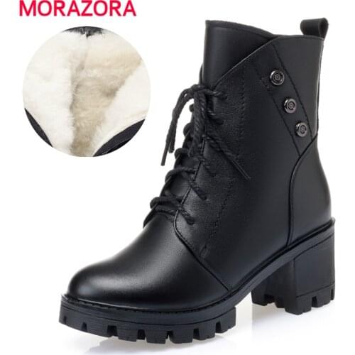 MORAZORA Full Genuine Leather Boots Women Nature Wool Warm Winter Snow Boots Women Thick High Heels Office Lady Ankle Boots