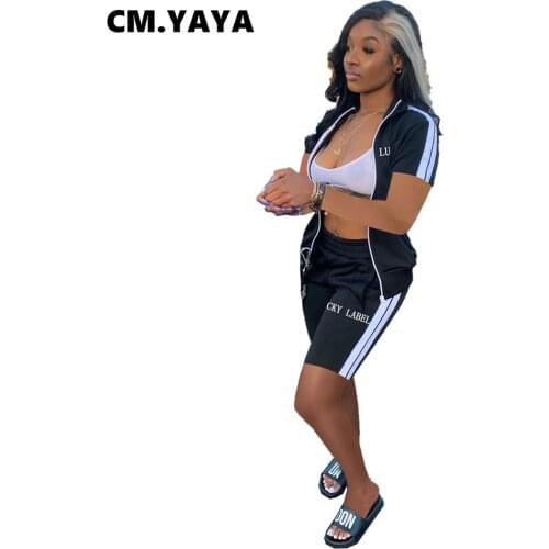 CM.YAYA Women Set Short Sleeve Strand Collar Zipper Tops Stretchy Shorts Two Piece Set Active Tracksuit Sweatsuit Summer Outfit