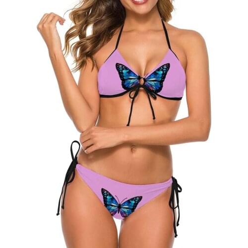 Pink Butterfly Swimsuit Bikini V Classic Women Surfing Sexy Bandage Halter Push Up String Summer Swimwear Beachwear Bathing Suit