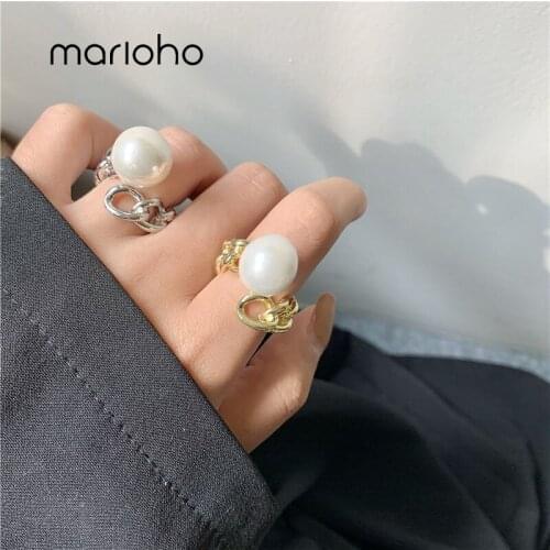 Marioho New Tide Fashion Metal Chain Pearl Ring Simplicity Open Finger Ring Adjustable For Women Birthday Party Jewelry Gift