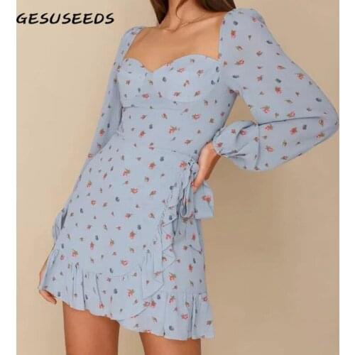 Floral print dress women vintage long sleeve dresses summer mini dress ruffle square neck dresses lace up boho dress blue