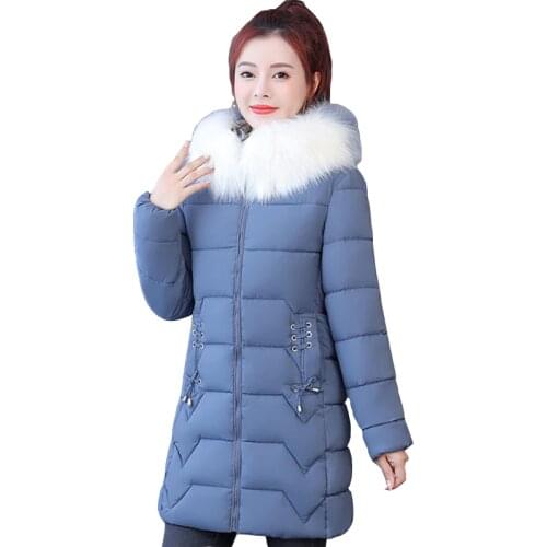 Winter Padded Jacket Women Fashion Thick Warm Parka Plus Size Big Fur Collar Hooded Coat Slim Casual Down Cotton Outerwear KW256