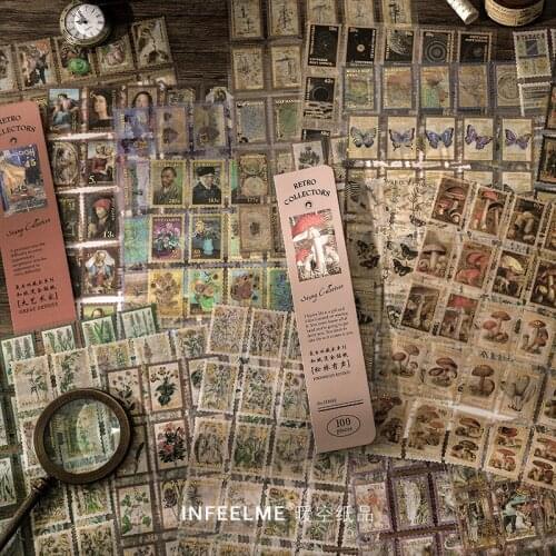 100pcs Foil Decorative Vintage Postage Stamp Washi Paper Stickers Decorative Plant Mushroom Stickers For Scrapbook Planner Album