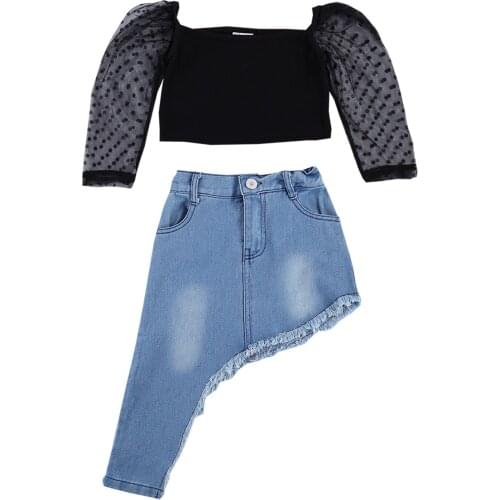 2021 Fashion 0-7Y Toddler Baby Girl Clothing Dot Lace Puff Long Sleeve Crop Top Blouse+Denim Irregular Skirt Summer Fall 2pcs