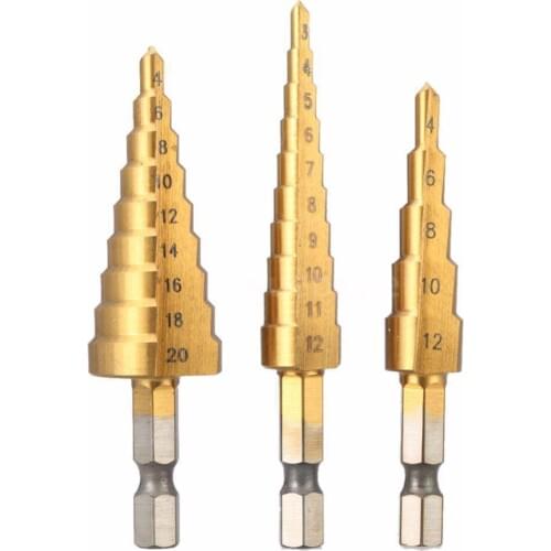 3pcs HSS Titanium Coated 1/4" Hex Shank Step Cone Drill Bit Hole Cutter Set