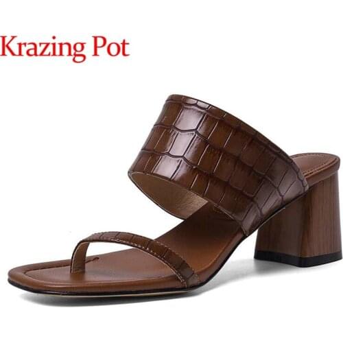 Krazing Pot hot summer genuine leather square toe high heels pearl vintage emerge maiden high fashion slip on women sandals L16