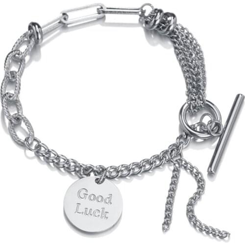 316L Stainless Steel Hip Hop Titanium Steel Bracelet Retro Letter Round Brand Trendy Female Personality Bracelet No Fading