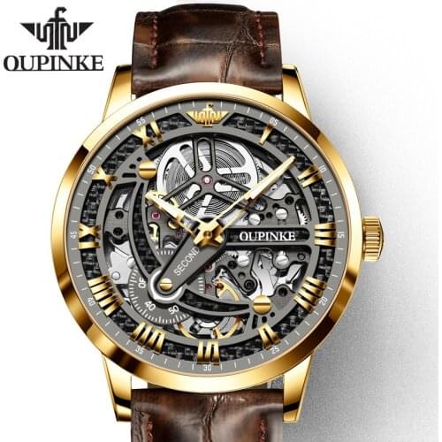 OUPINKE Mens Luxury Brand Watch Luminous Skeleton Hollow Leather Men Mechanical Wristwatch Sapphire Waterproof Automatic Watch