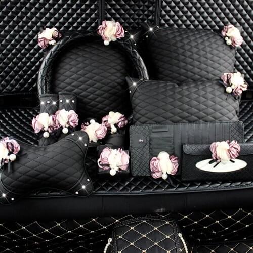Car Steering Wheel Cover Flower Tissue Box Sunvisor CD Storage Bag Headrest Waist Pillow Gear Shift Collar for Women Car Styling