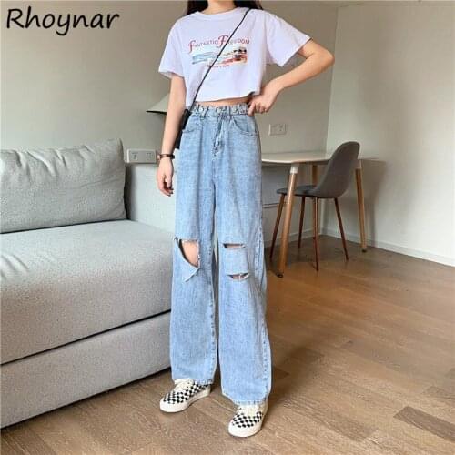 Jeans Women Classic Solid Hollow Out Leisure Fashion College Street Female High Waist Loose Straight All Match Simple Ripped Ins