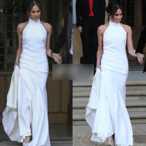 Elegant White Mermaid Wedding Dresses 2020 Prince Harry Meghan Markle Wedding party Gowns Halter Soft Satin Wedding Recept Dress