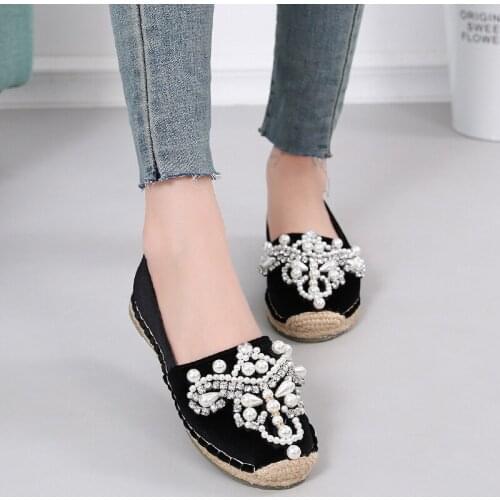 Beaded Espadrilles brand pearls decoration oxfords flats ladies gold velvet crystal fisherman shoes big size straw knit creepers