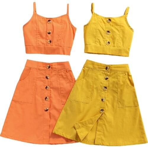 FOCUSNORM 1-7Y Summer Kids Girls Holiday Clothes Sets 2pcs Solid Sleeveless Vest Tops Button A-Line Skirts 2 Colors