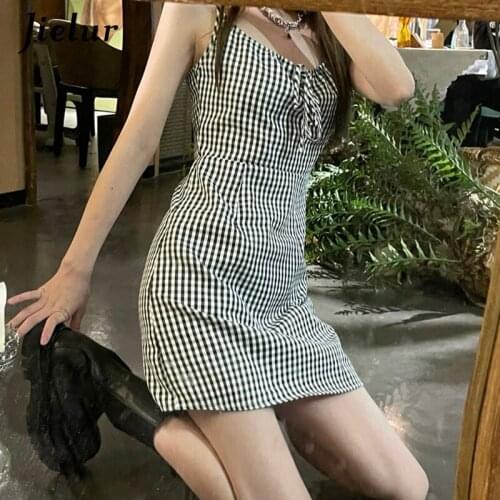 Jielur 2021 Summer Retro Plaid A-line Dresses for Women Black White Camisole Dress Woman Square Collar Mini Dresses Female S-M
