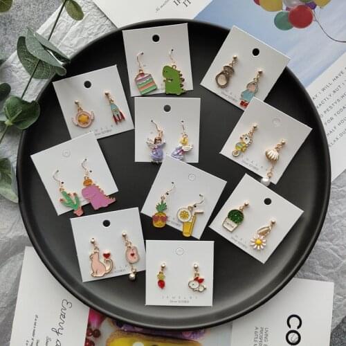 Korean Stud Earrings Little Cute Kawaii Women Wholesale Cartoon Cat Dinosaur Cactus Lemon Doll Simple Fashion Jewelry Holiday