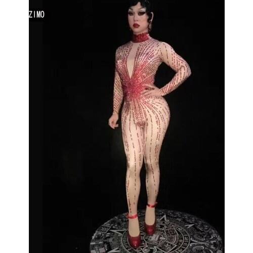 Red Rhinestone Long Sleeve Sexy Jumpsuit Women Stretch Nude Color Party Club Jazz Singer Dance Costume Festival Outfit Carnival