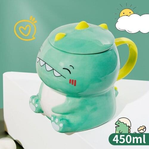 450ml Cute Dinosaur Ceramics Coffee Mug With Spoon Creative Hand Painted Drinkware Milk Tea Cups Novelty Gifts