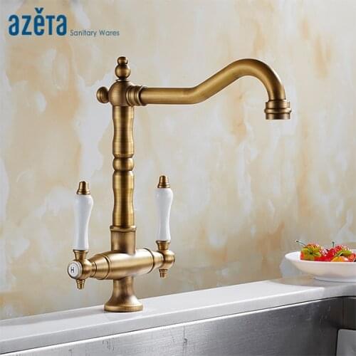 Azeta Classical Style 360 Degree Rotation Kitchen Faucet Brass Antique Double Handle Hot & Cold Water Kitchen Tap MK9924A