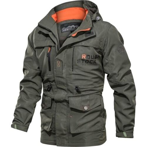 Bomber Jacket Men Autumn Winter Multi-pocket Waterproof Military Tactical Jacket Cap Windbreaker Men Coat Outdoor Stormwear