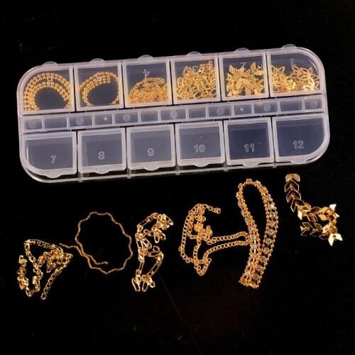 12 Grids/Pack Multi-colored All Various Shapes Chains Ring Buckle Metal 3D Studs Nail Art Alloy Decorations Manicure DIY