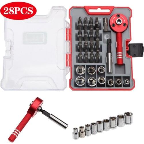 28Pcs Ratchet Wrench Set Tool Box w/ Aluminium Handle Socket Multifunctionl Wrench Screwdriver Repair Tool for Car Auto Repair